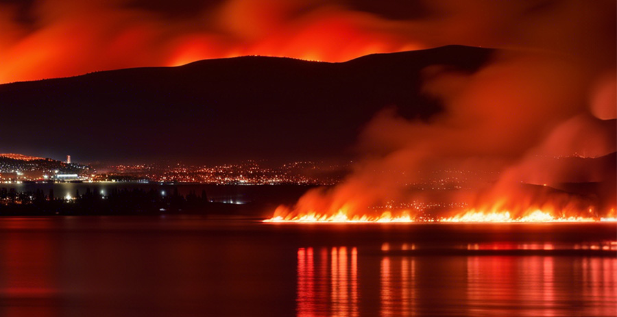 wildfire spreading across a lake at night