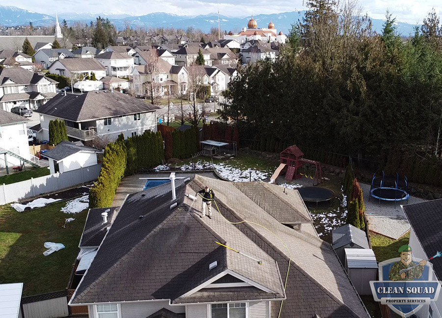 a drone photo of a clean squad employee soft washing a shingle roof in abbotsford