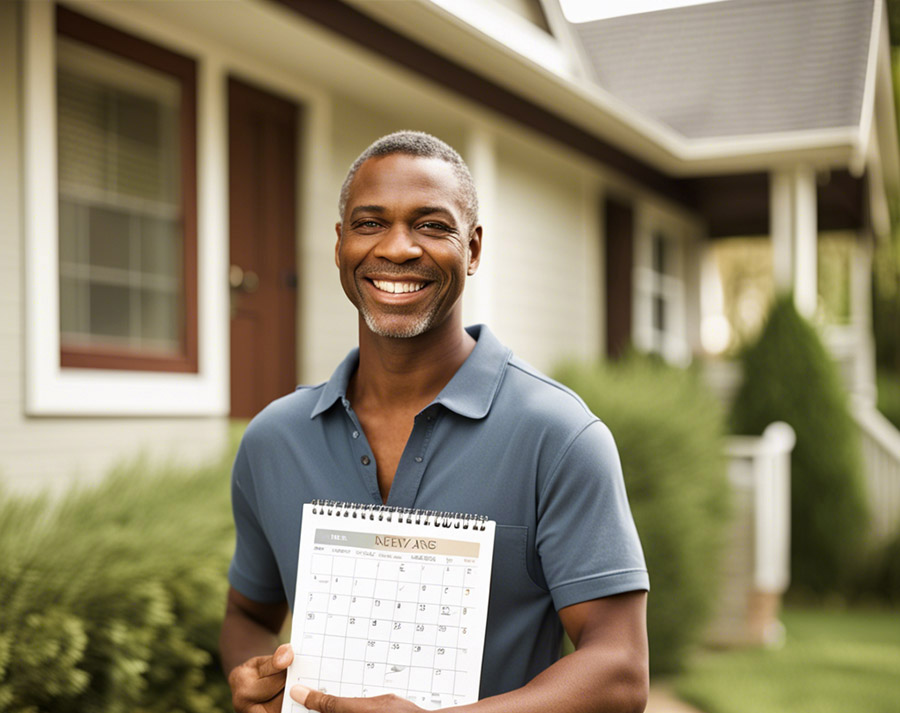 a smiling homeowner stands in front of their well-maintained home holding a calendar