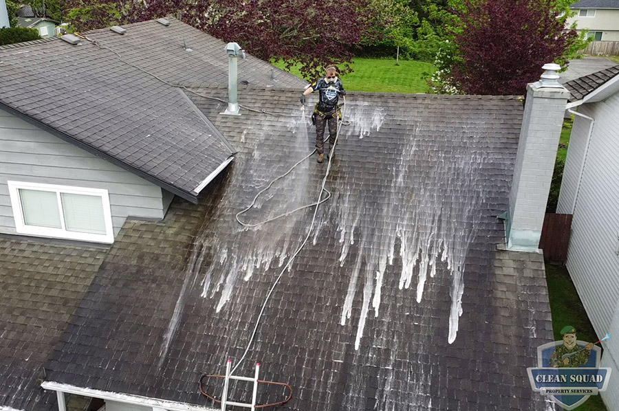 a man spraying soft wash solution onto a shingle roof