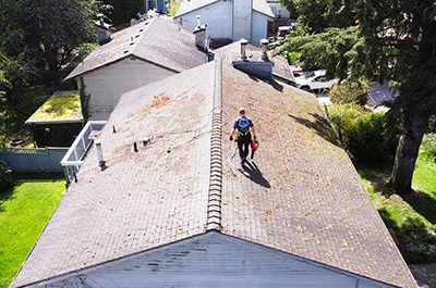 our employee spraying roof cleaning chemicals onto a shingle roof
