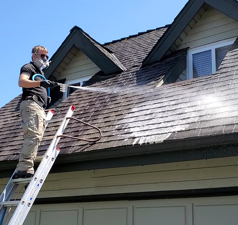 clean squad property services team member cleaning roof in richmond bc