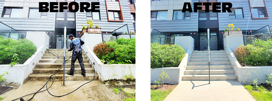 before and after pressure washing concrete stairs in townhouse complex