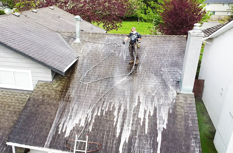 an employee soft washing a shingle roof